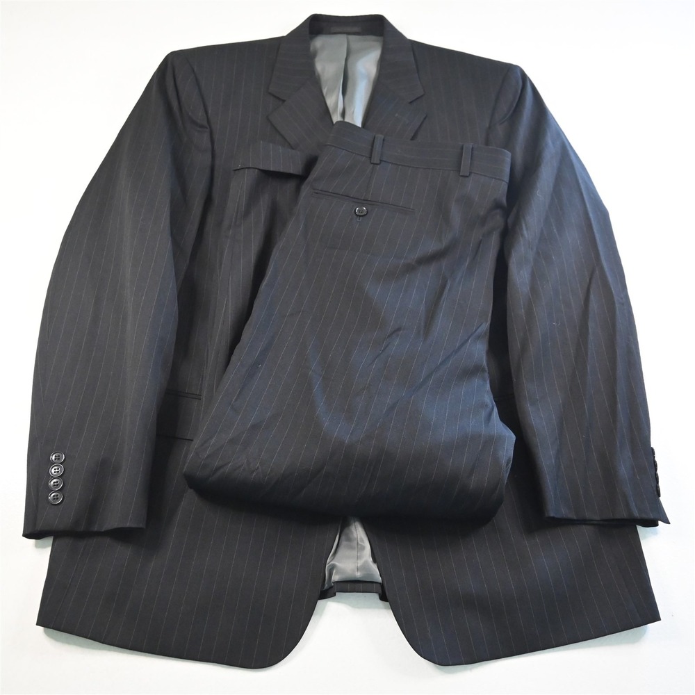 Andrew Fezza 46L 40x28 Charcoal Gray Striped‎ 100% Wool Mens Jacket Pants Suit